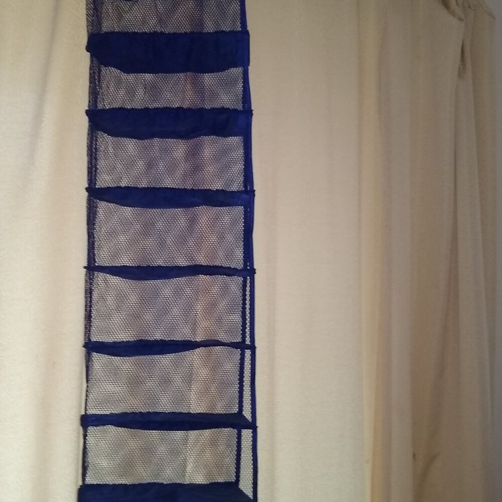 Hanging closet shoe organizer, blue hanging shoe shelves